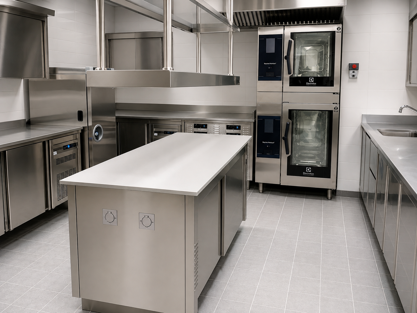 Cuisine professionnelle avec fours et îlot central